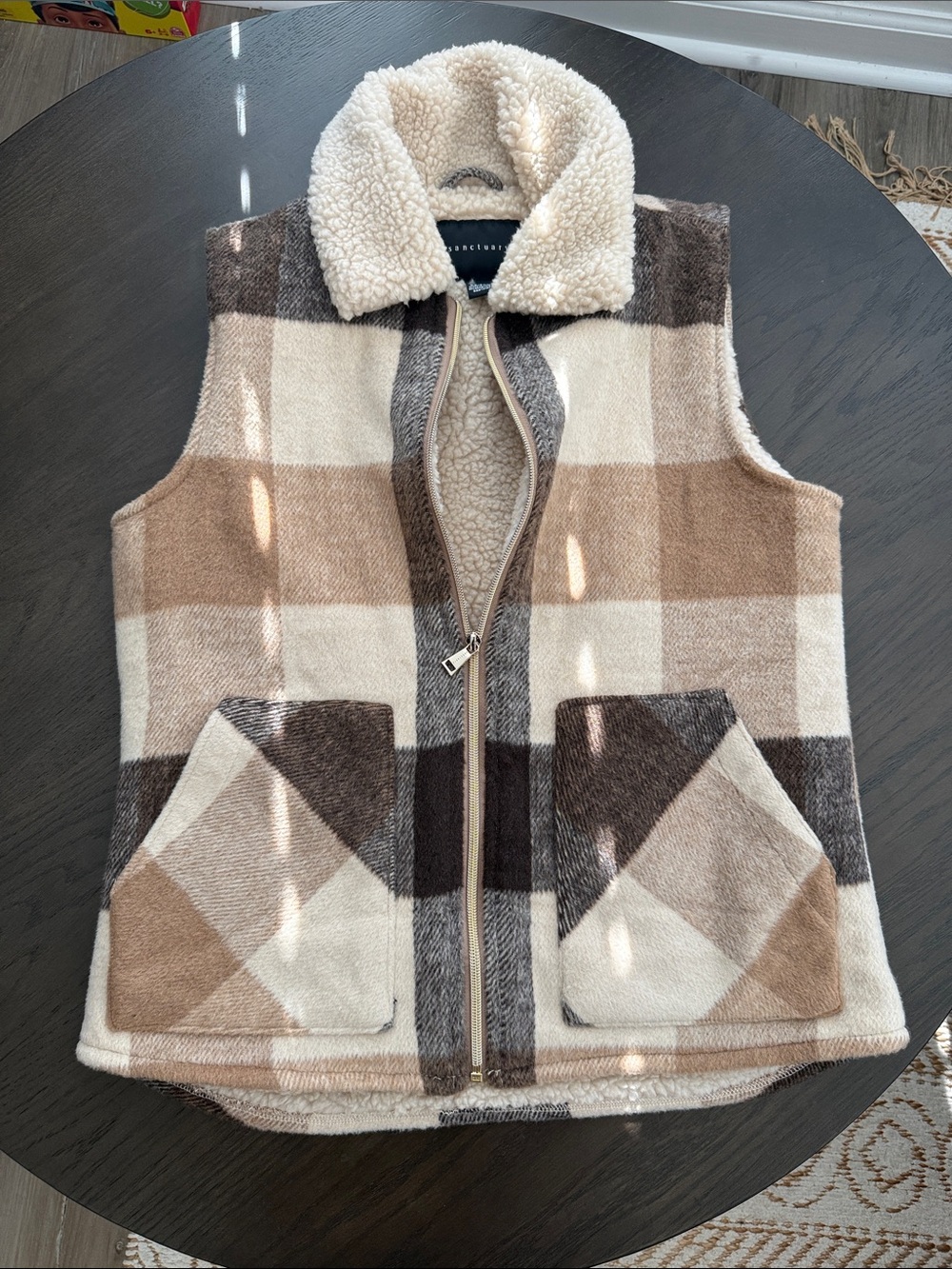 Sanctuary Sherpa-Lined Plaid Vest - Cream & Brown